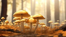 Golden Mushrooms Bathing In The Sunlight In An Enchanted Autumn Forest