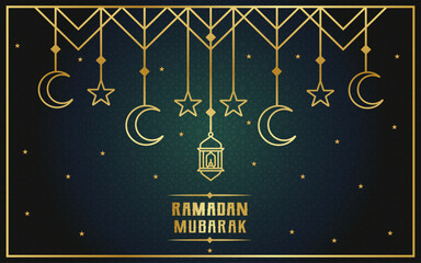 Wall Mural - Realistic Ramadan Mubarak Background with Golden Lantern, Moon And Stars Vector Illustration. Ramadan Kareem Greeting Banner Vector Template Design