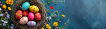 Colorful Painted Eggs Filling A Bird Nest For Spring Celebration