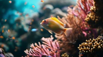 Aufkleber - Generative AI : A single tropical fish glides among coral formations in a serene underwater environment, showcasing vivid marine life.
