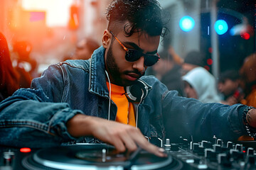 Canvas Print - Focused DJ mixing at turntable in club with vibrant lights.