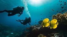 Generative AI : Scuba Divers Couple Near Beautiful Coral Reef Surrounded With Shoal Of Coral Fish And Three Yellow Butterfly Fish