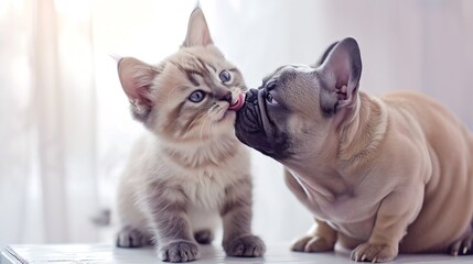 Aufkleber - Generative AI : Funny large longhair gray kitten with beautiful big eyes and dog of the French Bulldog breed on white table. 