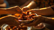 Several hands reaching into a wooden bowl filled with dates.