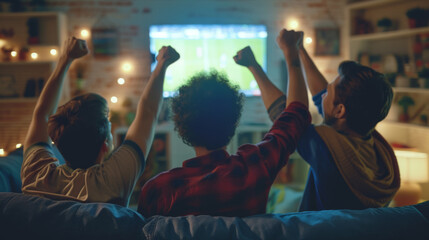 Canvas Print - three people are seen from the back, seated on a couch, raising their arms in excitement while watching a sports game on television