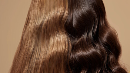 close-up of a person's hair, displaying a range of brown tones with a soft curl, against a neutral background, highlighting the hairstyle and hair color