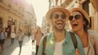 Generative AI : Couple of tourists having fun walking on city street at holiday 
