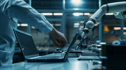 Fototapete - Generative AI : At the Factory: Automation Engineer Uses Laptop for Programming Robotic Arm. New Era in Automatic Manufacturing Industry.