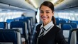 © Victoriia - Professional female flight attendant with a welcoming smile in aircraft cabin, providing comfortable travel experience.