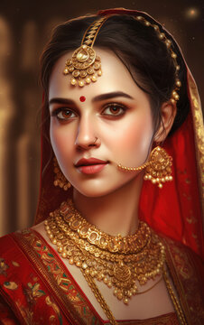 Beautiful Indian bride in red saree. Generative AI