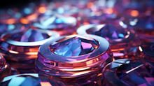 Iridescent Crystal Round Disks On Purple Abstract