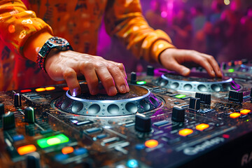 Wall Mural - DJ mixing at club with colorful neon lights. Hands adjusting controls on DJ mixer.