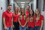 Fototapeta Most - Smiling Squad: A Group of Happily Employed People in Red Shirts Generative AI