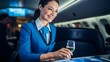 © Victoriia - Cheerful flight attendant offers a glass of champagne in a well-lit cabin, showcasing professional service.