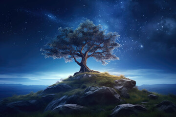 Wall Mural - tree on a hill with starry sky