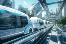 Futuristic Monorail Train In Glass Tunnel
