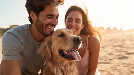 Canvas Print - close-up selfie of a happy couple with a golden retriever dog