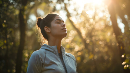 Sticker - woman with her eyes closed, enjoying a moment of tranquility in a forest bathed in warm sunlight