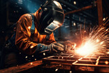 Fototapeta  - Welder working on metal structure in factory.