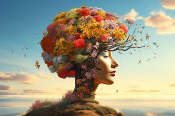 Wall Mural - the head of a person has flowers and a tree in its head