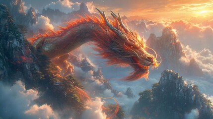 Wall Mural - Dragon's Den: A Fantasy World of Fire and Clouds Generative AI