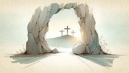 Wall Mural - View on the three Crosses on Golgotha from the Holy Sepulchre at sunrise. Digital watercolor painting illustration.