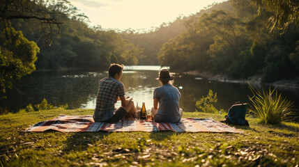 A scene of a couple enjoying a picnic in a serene natural setting. Highlight the details of their interaction – sharing food, laughter, and tender moments.