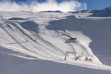 Snowy alps mountains in Europe.. French alps in winter, Les deux alpes Rhone Alpes in France Europe