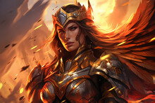 Valkyrie, A Warrior Maiden In Armor And A Helmet With Wings. Norse Mythology. Fantasy Portrait. A Colorful Illustration.
