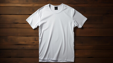 Wall Mural - White T-Shirt Mockup Isolated on Dark Wooden Background. Generative AI