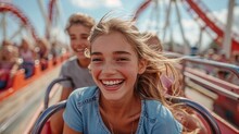 Summer Smile: Teenage Girl Enjoys A Thrilling Ride On A Ferris Wheel Generative AI
