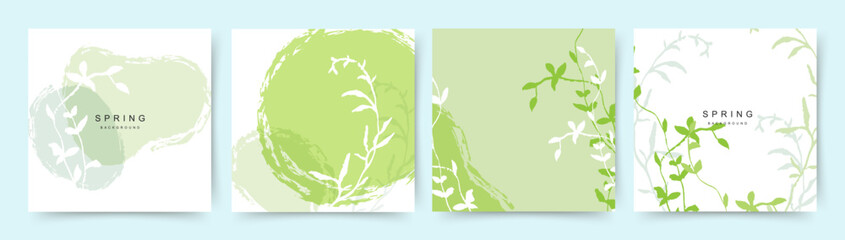 Wall Mural - spring green square backgrounds. minimalistic style with floral elements and texture. vector templat