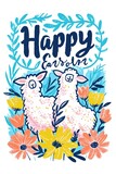 Fototapeta Dinusie - An Easter greeting card poster showcasing a sweet sheep, cheerful eggs, and pretty spring flowers.