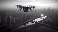 A Black And White Remote Controlled Flying Over A City