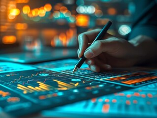 Poster - Businessman use electronic pen writing rising colourful graph