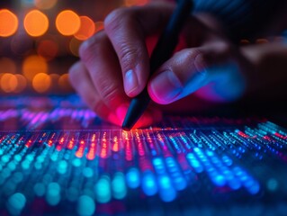 Poster - Businessman use electronic pen writing rising colourful graph