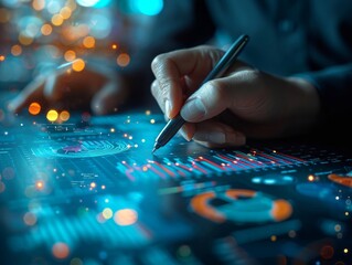 Poster - Businessman use electronic pen writing rising colourful graph