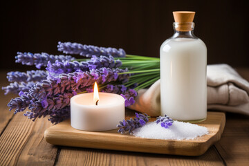  relaxing aromatherapy treatment,still life of folded fluffy towels,sea salt,candles and lavender twigs,on a wooden base,the concept of the spa industry