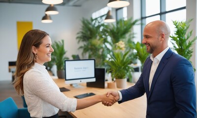  Happy business people shaking hands in office. Businesspeople greeting each other with handshake. Successful business concept