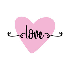 Sticker - Logo del día de San Valentín. Silueta de corazón con palabra en texto manuscrito love con raya de decoración de caligrafía