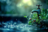 Fototapeta  - Running tap with plants, World Water Day. Eco-friendly water use, tap in nature, sustainability. Water from tap nurturing life, conservation call