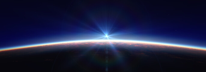 Wall Mural - Earth sunrise from space over cloudy ocean. 3d rendering