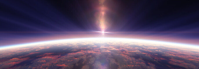 Wall Mural - earth sunrise from space over cloudy ocean. 3d rendering