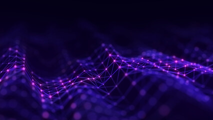 Poster - Abstract technology wave with dots and lines. Flow of particles. Big data transfer visualization. 3d rendering.