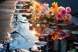 Fototapeta Desenie - Puddle Reflections: Capture flowers with colorful reflections in rain puddles.