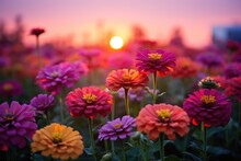 Zenith Of Zinnias: Showcase The Vibrant Colors Of Zinnias Against A Twilight Sky With Bokeh Lights.