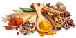 © Екатерина Иванова - Colorful different seasonings in wooden spoons surrounded with herbs and spices on white background.