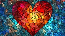 Stained Glass Window Background With Colorful Leaf And Heart Abstract. Valentine Day Concept.	