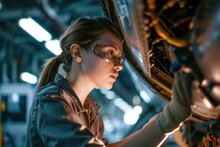 A Proud And Confident Female Aerospace Engineer Works On An Aircraft, Displaying Expertise In Technology And Electronics. Image Captures A Candid Moment In Aviation Industry, Generative AI