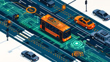 Fototapeta  - Autonomous Smart Cars on City Roads: Illustration of Future Transportation and Vehicle Safety Technology